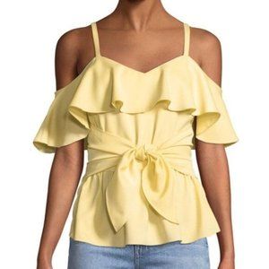 Club Monaco Yellow Akua Cold  Shoulder Ruffle Peplum Top Front Tie Size 2 NWT